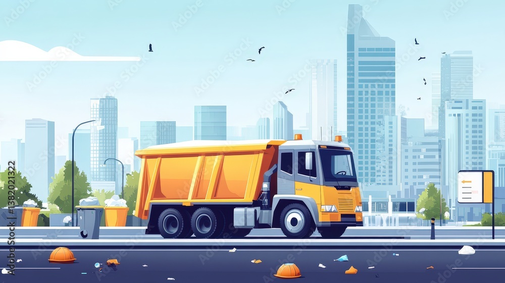 Urban Haul: A vivid illustration of a garbage truck diligently navigating a city landscape, set against a backdrop of contemporary high-rises, conveying essential city services. Urban Haul: A vivid illustration of a garbage truck diligently navigating a city landscape, set against a backdrop of contemporary high-rises, conveying essential city services.