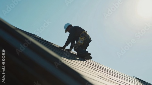 A construction worker installing roofing shingles at a building site. Featuring attention to detail and care