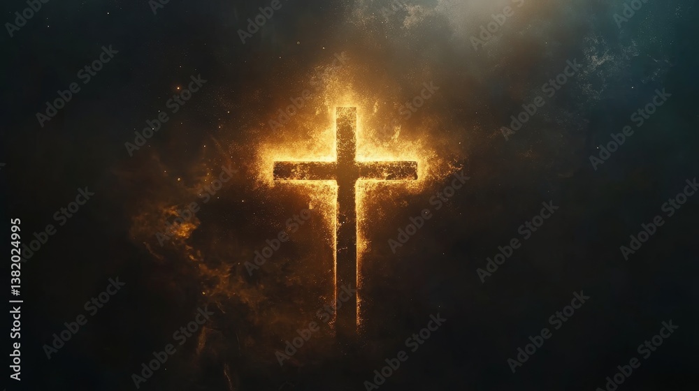 Fototapeta premium Glowing fiery cross in mysterious smoky atmosphere with light burst