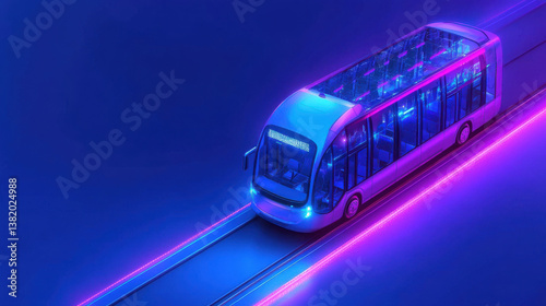 Futuristic electric shuttle on neon lit tracks, glowing in vibrant colors