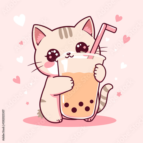 Kawaii Kitten Hugging a Boba Tea, Pastel Pink Hearts Background