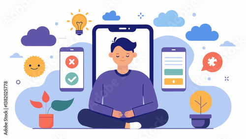 A mental wellness app collects data on user behaviors and mood fluctuations providing personalized tips and techniques to improve mental wellbeing.. Vector illustration