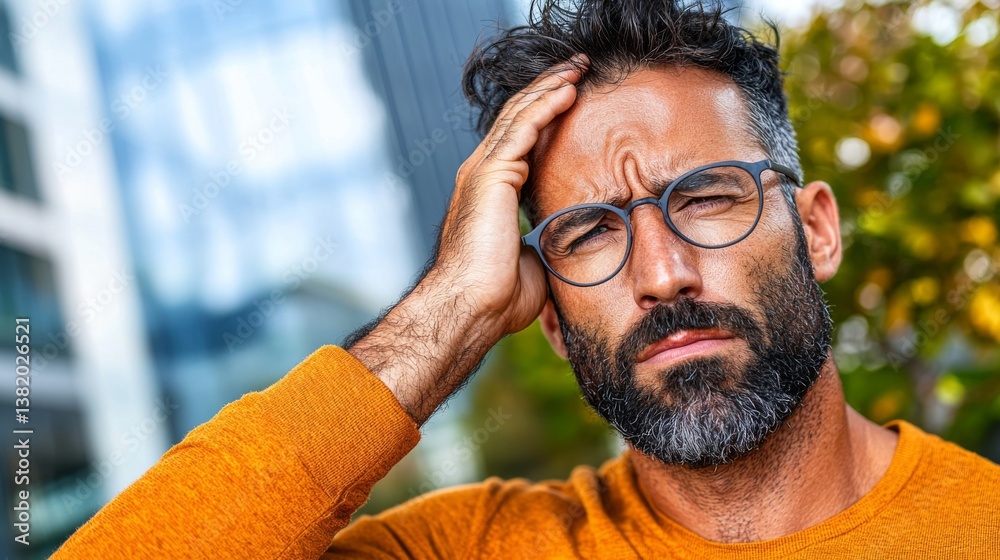 Obraz premium Thoughtful man with glasses holding his head in frustration outdoors