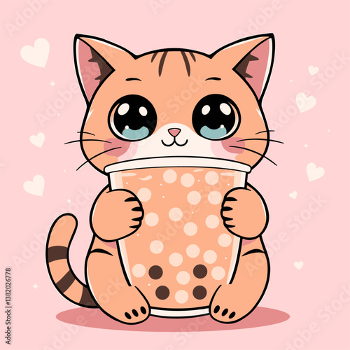 Cute Kitten Holding Boba Tea, Hearts Background, Cartoon Style.