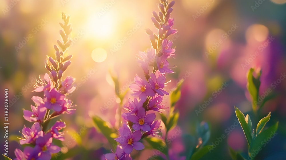 Obraz premium Meadow flowers glow, bathing in sunlight at golden hour, with bokeh background