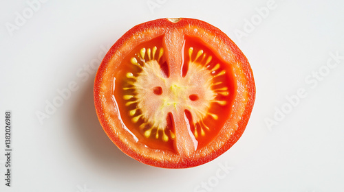 Wallpaper Mural A close up overhead shot of a sliced tomato showing the seeds and pulp on a white background Torontodigital.ca