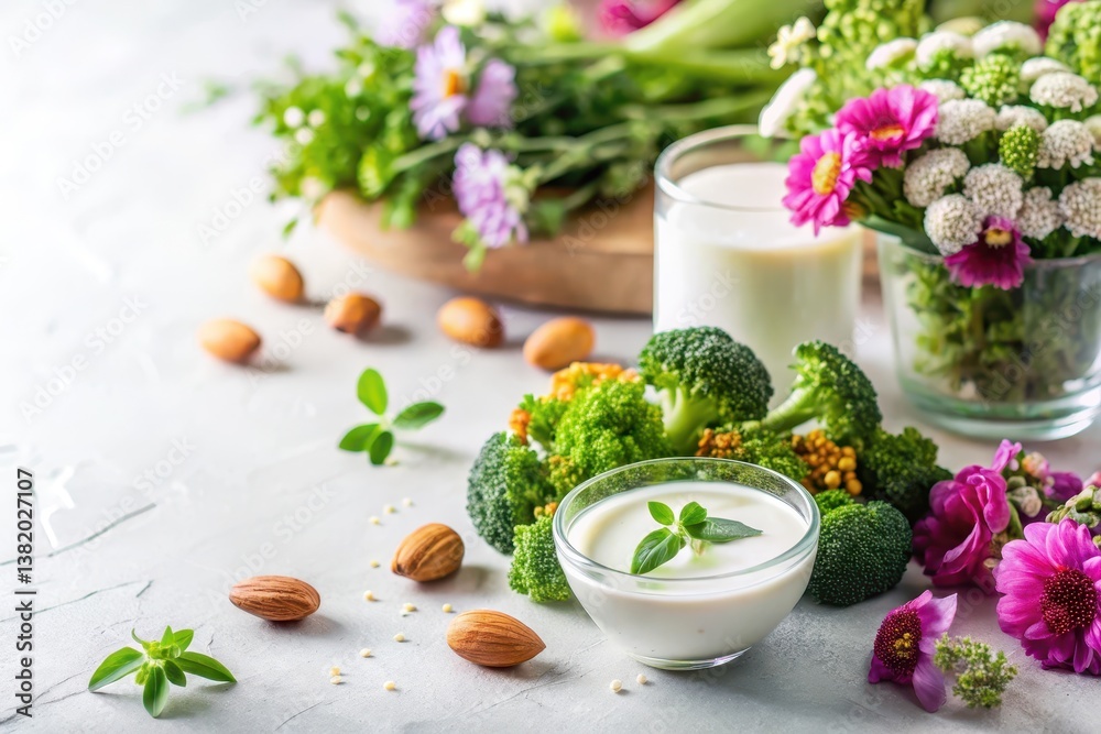 A refreshing blend of creamy dairy alternative, vibrant broccoli florets, and nutritious almonds, complemented by a bouquet of delicate blossoms, presented on a light textured surface. A refreshing blend of creamy dairy alternative, vibrant broccoli florets, and nutritious almonds, complemented by a bouquet of delicate blossoms, presented on a light textured surface.