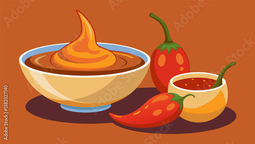 A bowl of tangy tamarind sauce alongside a bowl of fiery harissa for adding a kick to any dish.. Vector illustration