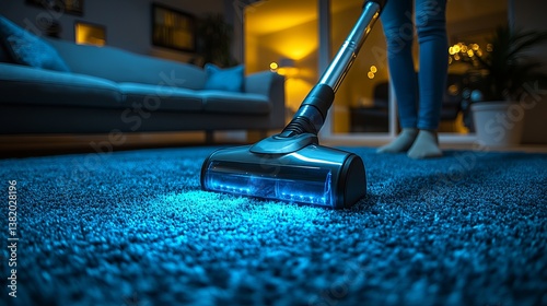 Wallpaper Mural Modern Vacuum Cleaner Cleaning Blue Carpet at Night Home Cleaning Service Apartment Housewife Cleaning Woman Legs Blue Light Illumination Domestic Chore Evening Cleaning Routine Efficient Powerful     Torontodigital.ca