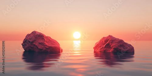 Serene Sunset Over Calm Ocean with Two Rocks, Tranquil Nature Scene
