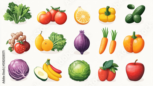 A colorful assortment of fresh fruits and vegetables arranged on a white background illustration