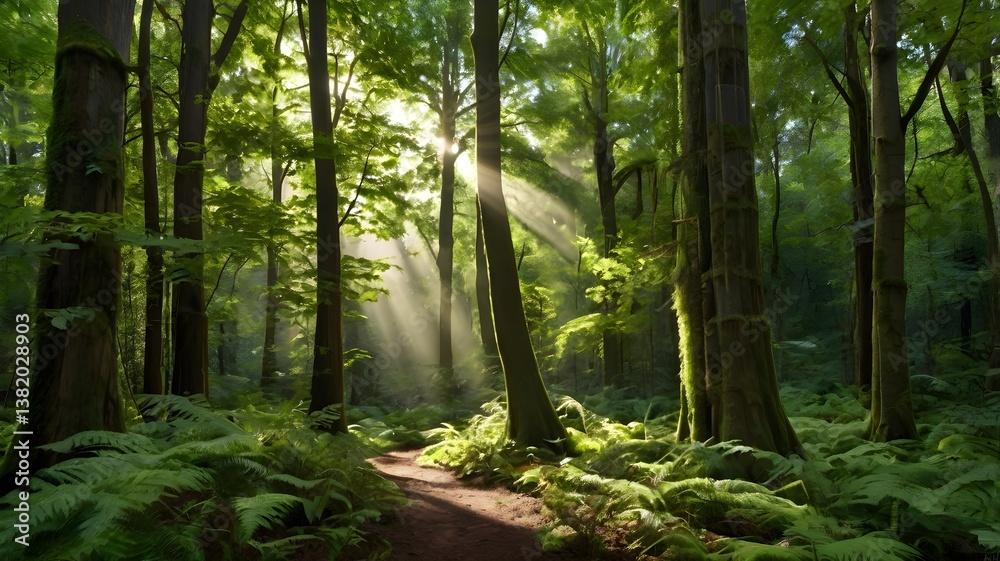 Fototapeta premium Sunlit Forest Path with Lush Greenery