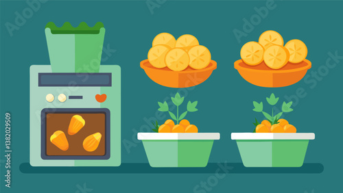 A series of photos showing the transformation from raw vegetables to crisp goldenbrown chips after being baked in the oven.. Vector illustration