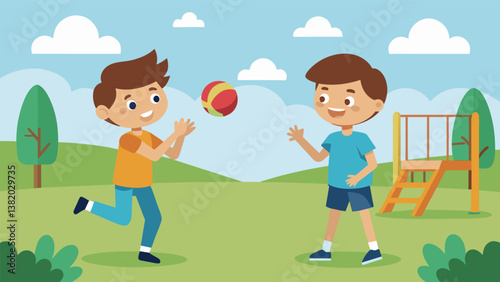 A boy and his older brother playing catch on the playground the younger one trying to savor every moment of playing outside before he has to sit in a classroom all day.. Vector illustration