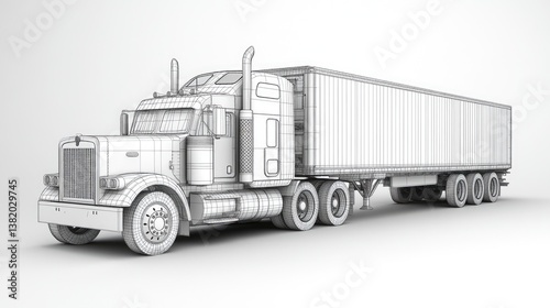 A 3D wireframe model of a semi-truck and its trailer, emphasizing the detailed design of both the truck cab and the attached trailer