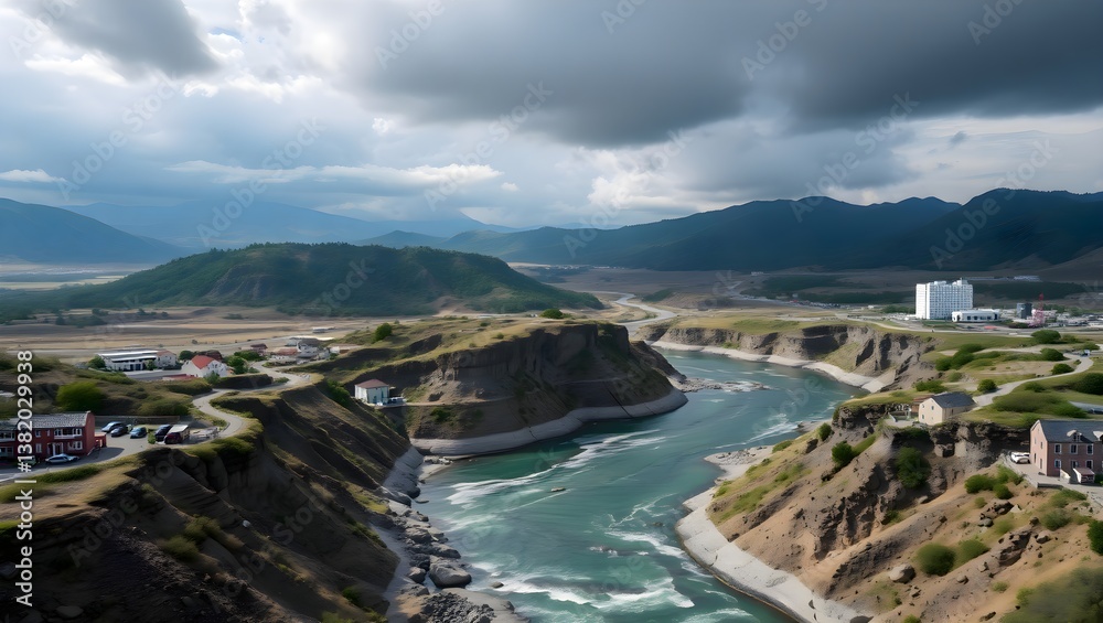 Fototapeta premium A winding river flows through a lush valley, surrounded by rolling hills and mountains. Small houses dot the scenic landscape, creating a peaceful countryside view under a cloudy yet serene sky.