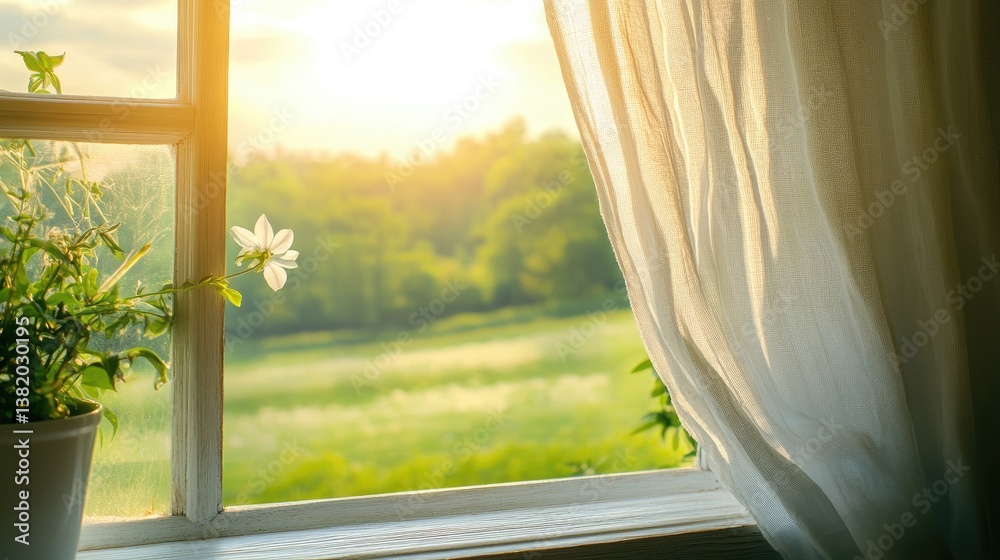 Fototapeta premium A breezy farmhouse window with soft white linen curtains gently flowing, offering a picturesque view of a sunlit green meadow beyond.