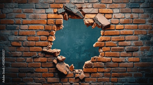 A broken brick wall with a large hole, offering a powerful visual of destruction and transformation.