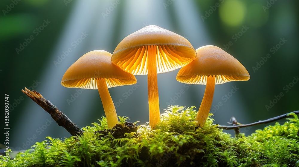 Fototapeta premium Mushrooms Glowing on Mossy Log, Forest Background, Sunlight