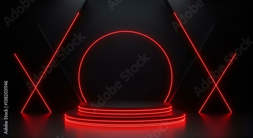 Red Neon Stage: Modern Black Background with Circular Light and Geometric Lines - Product Display Platform