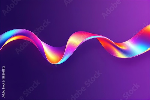 Abstract Holographic Wave Background. Colorful 3D Ribbon Swirl on Purple. Modern Fluid Art Design. Trendy Iridescent Texture.