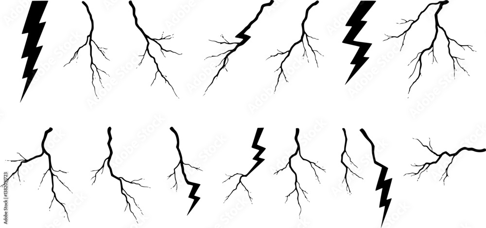 Obraz premium Lightning strike bolt silhouettes sequence vector illustration. Black thunderbolts and zippers are natural phenomena isolated on a dark background. Thunderstorm electric effect of light shining flash.
