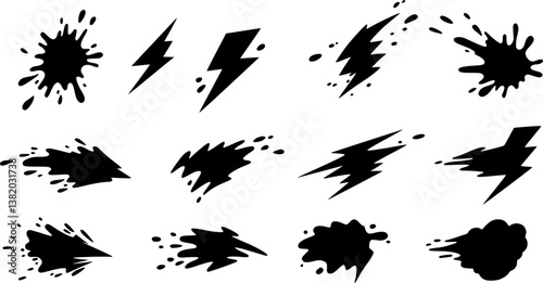 Lightning strike bolt silhouettes sequence vector illustration. Black thunderbolts and zippers are natural phenomena isolated on a dark background. Thunderstorm electric effect of light shining flash.