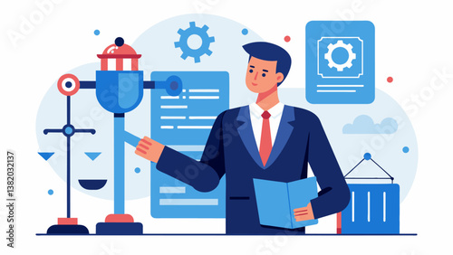A lawyer reviews a comprehensive report generated by an AI program detailing relevant laws regulations and precedents related to a complex legal issue and providing guidance on. Vector illustration