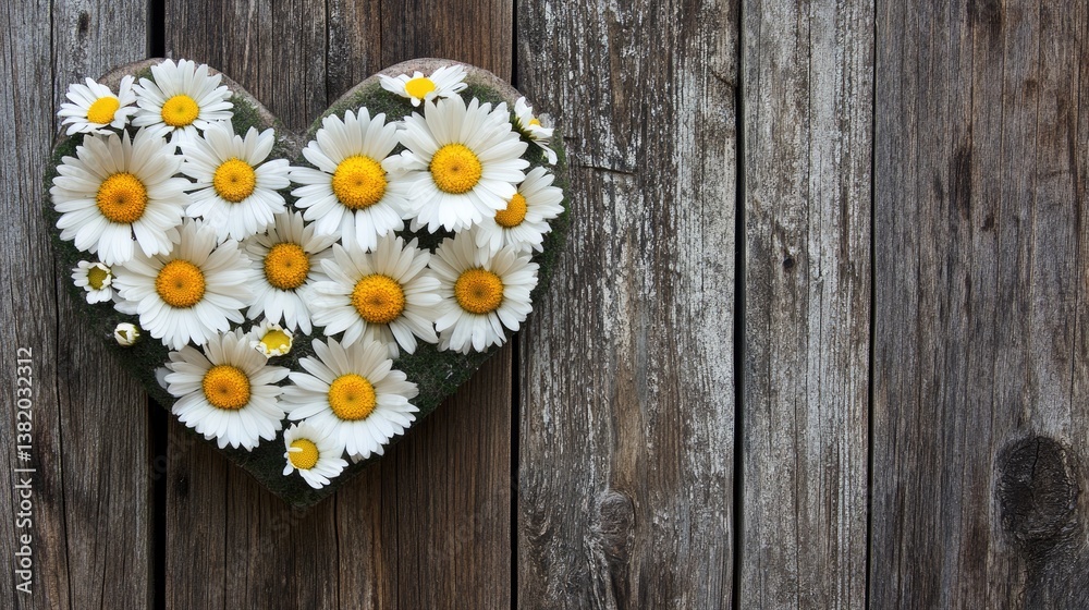 Obraz premium A heart-shaped arrangement of white daisies with bright yellow centers, set against the textured, weathered wood of an old fence, creating a rustic and natural charm.