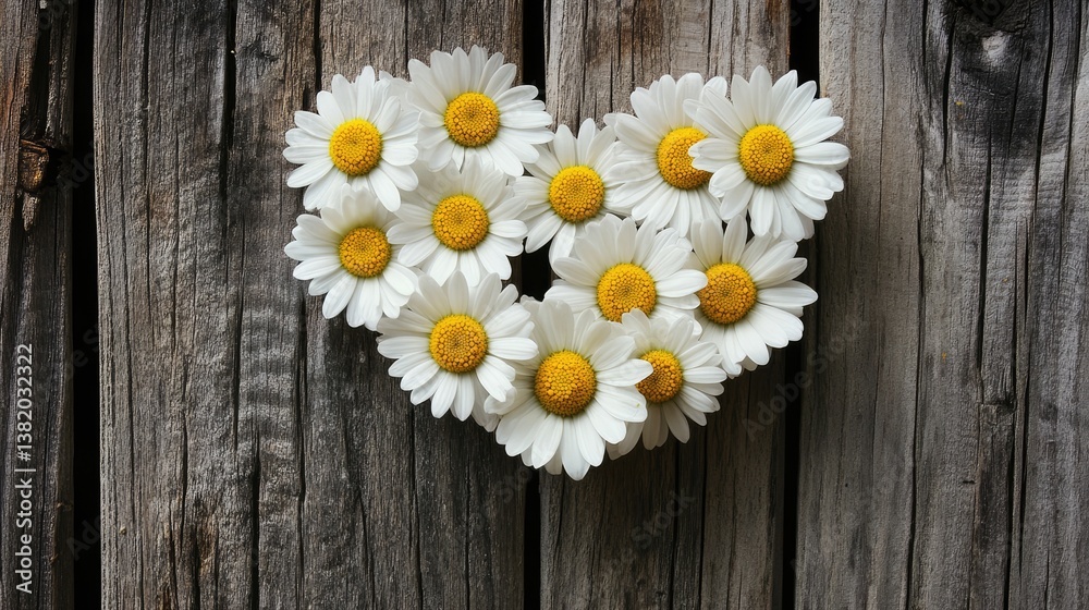Fototapeta premium A heart-shaped arrangement of white daisies with bright yellow centers, set against the textured, weathered wood of an old fence, creating a rustic and natural charm.