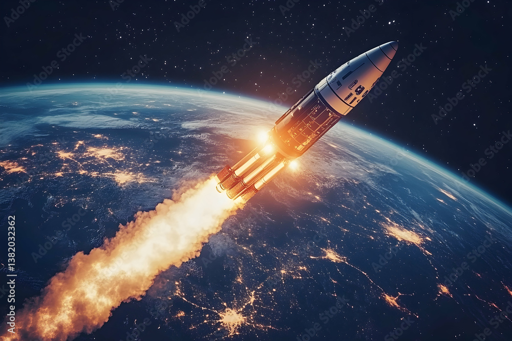 Obraz premium Telecommunications satellite launch soaring through the space from earth