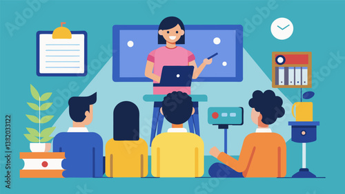 A lecture being recorded and broadcasted to students who are participating in remote learning from the comfort of their own homes.. Vector illustration