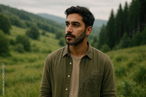 Contemplative man in nature landscape.