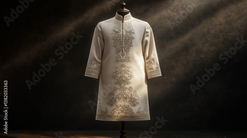 Traditional Filipino costume, Barong Tagalog, in 3D mock-up view on mannequin, fine fabric with distinctive hand embroidery and elegant patterns, long sleeves with stand-up collar, ai generated images