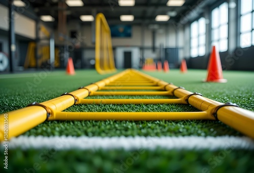 yellow agility ladder on artificial turf with orange cones indoor sports training