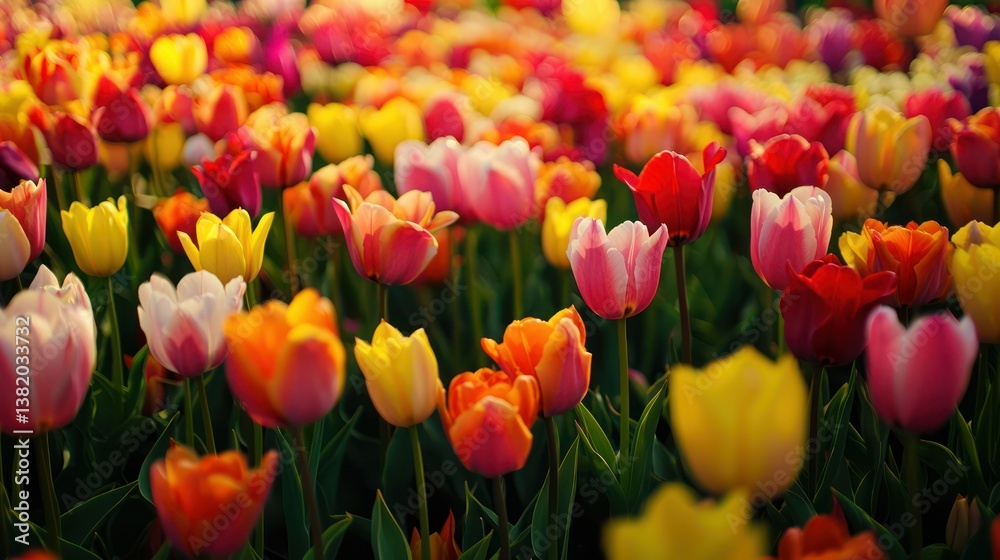 A bird’s-eye view of a colorful tulip farm in full bloom. A bird’s-eye view of a colorful tulip farm in full bloom.