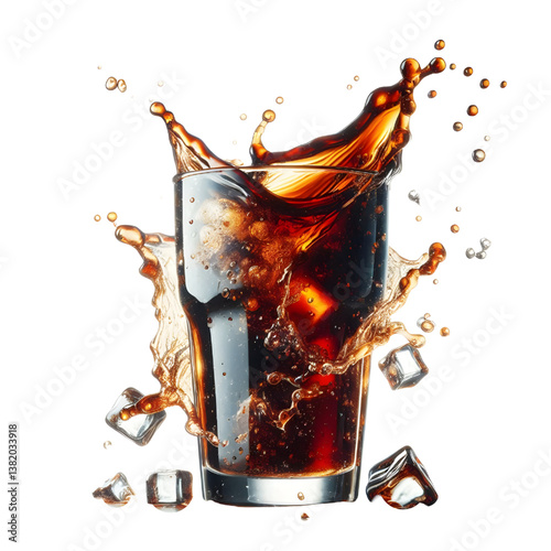 3D Cola splashing out of a glass isolated white background