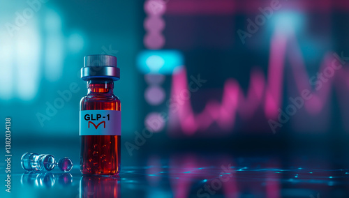A vial of GLP-1 is placed on a table, with a heart symbol and health-related graphs in the background, representing wellness and metabolic health. photo