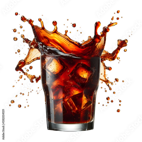 3D Cola splashing out of a glass isolated white background