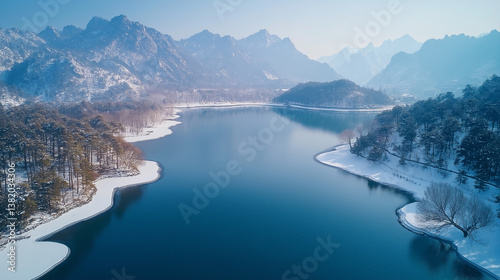 Serene Winter Landscape with Lake and Snowy Mountains Aerial View, lake and mountains