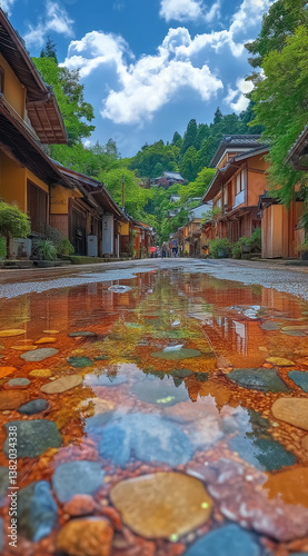 traditional japanese village street with reflective wet stones, japanese garden in autumn