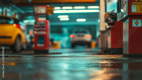 Wallpaper Mural A blurred view of a car repair shop with cars and equipment visible in the background and foreground Torontodigital.ca