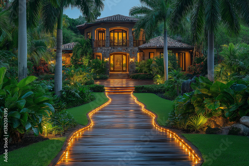 luxury tropical villa with illuminated wooden pathway at dusk, pavilion in the park