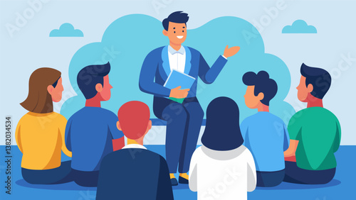 A group of students listen intently to a guest speaker a successful leader from a nonprofit organization sharing valuable insights and experiences in a workshop.. Vector illustration