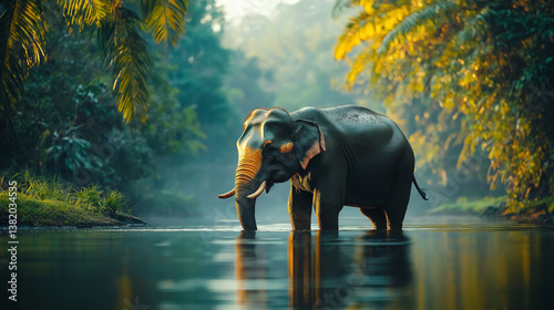 majestic elephant in tropical river at sunset, elephant in the water