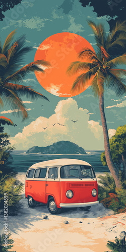 vintage car on the beach, tropical road to beach with sunset and palm trees