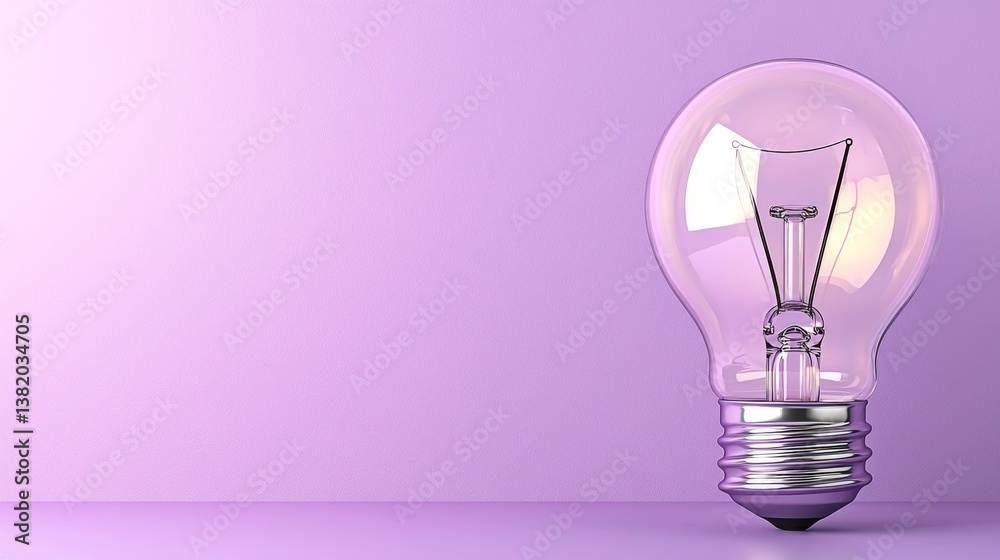 A clear light bulb resting on a purple surface with ample copyspace
