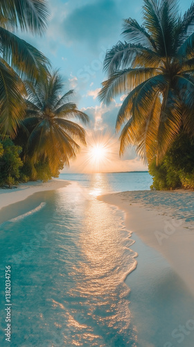 tropical beach sunset with palm trees, tropical beach with palm trees