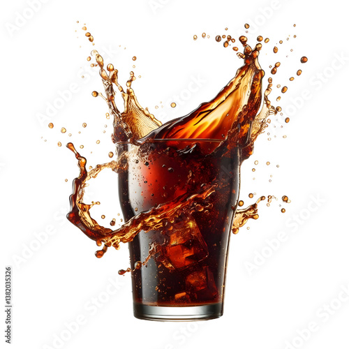 3D Cola splashing out of a glass isolated white background