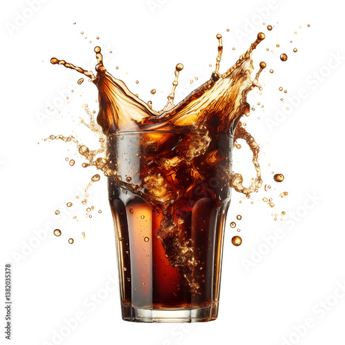 3D Cola splashing out of a glass isolated white background